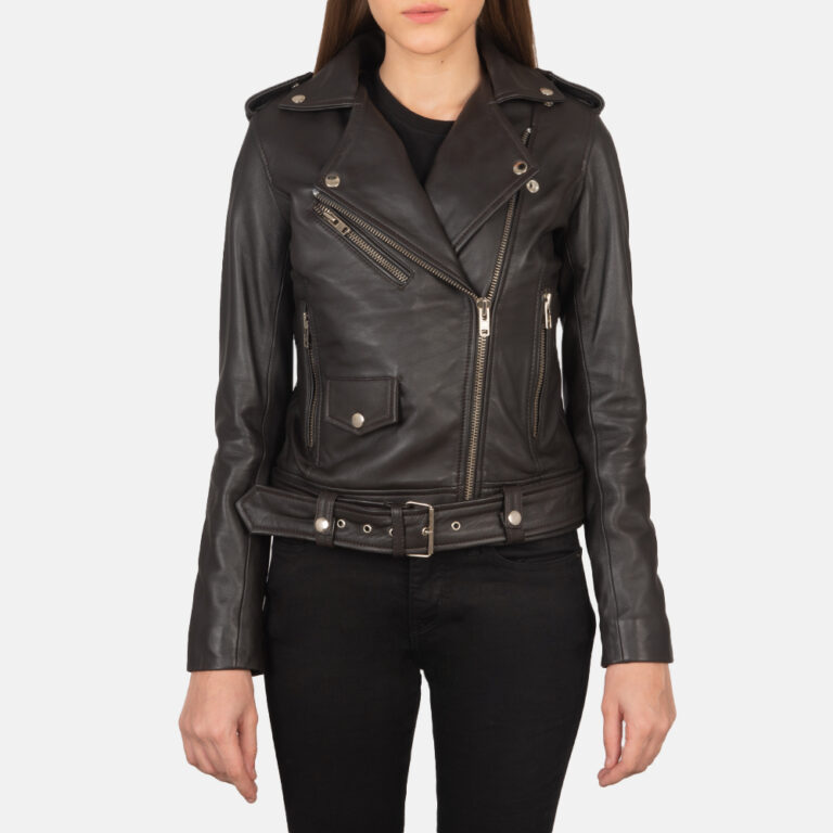 Womens Alison Brown Leather Biker Jacket Close Front-5-1659370519379